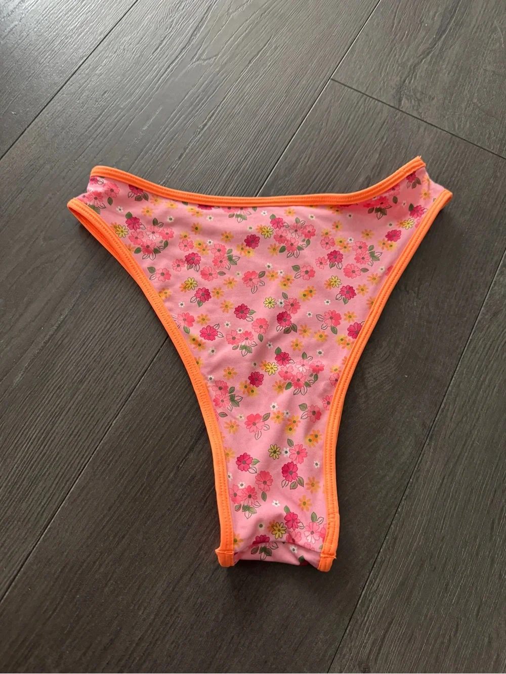 Frankie's Bikinis Pink Floral High-Cut Bikini Bottom with Orange Trim